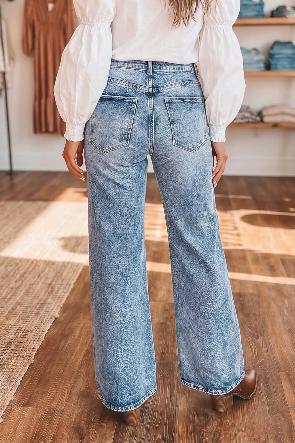 Acid Wash Pocket Detail Flare Jeans, image 4