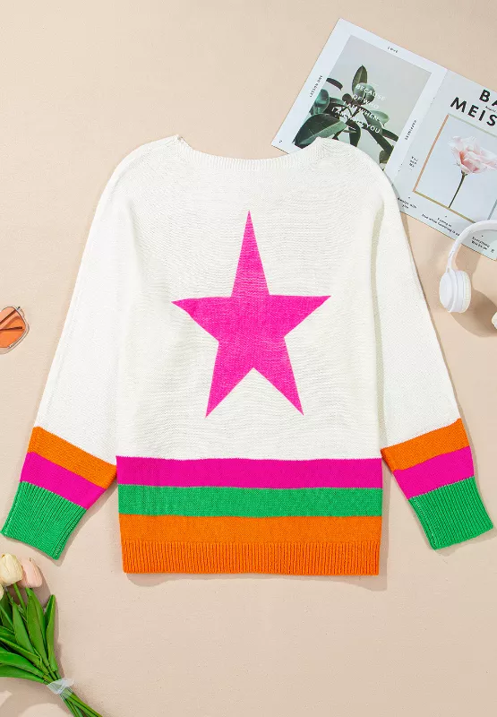 Star Contrast Round Neck Long Sleeve Knit Top, image 6