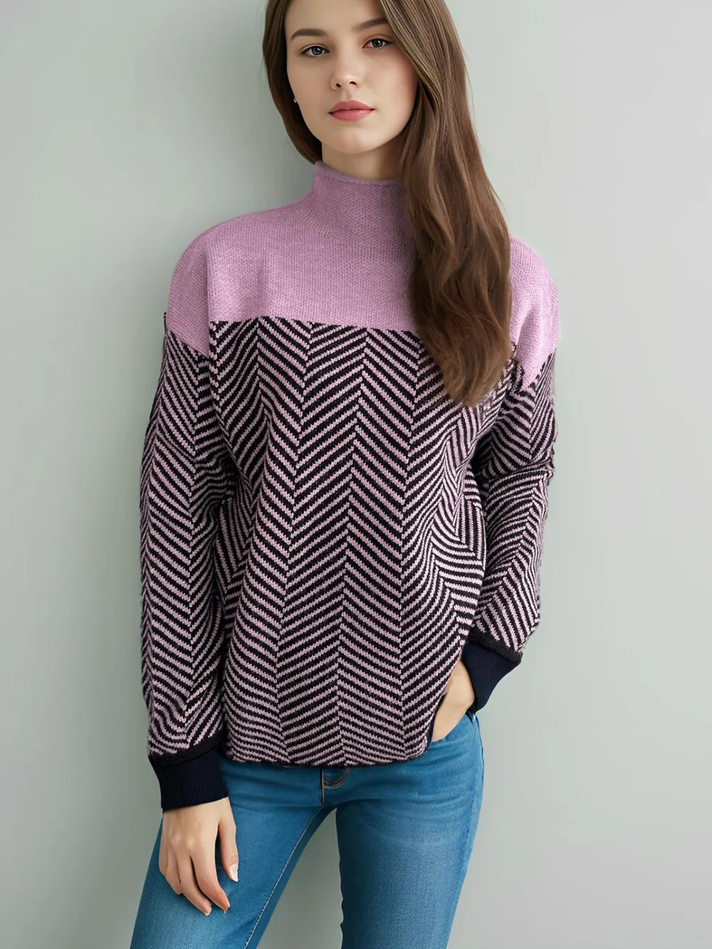 Contrast Turtleneck Long Sleeve Sweater, image 12
