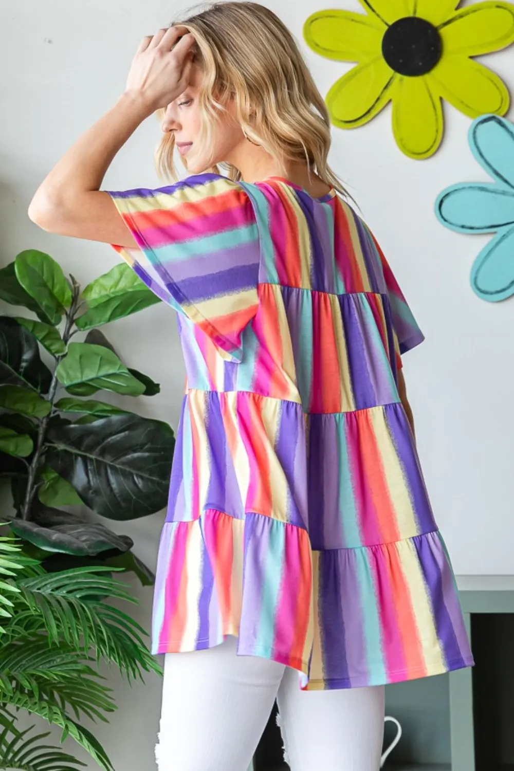Full Size Short Sleeve Striped Tiered Top, image 2