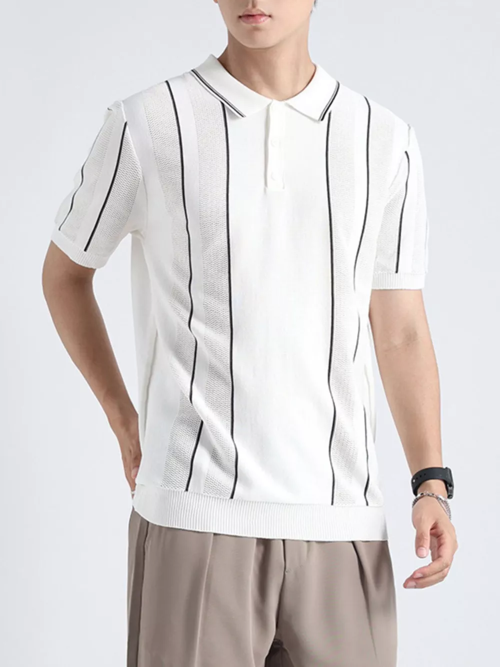 Men's Plus Size Striped Knit Short Sleeve Polo, image 8