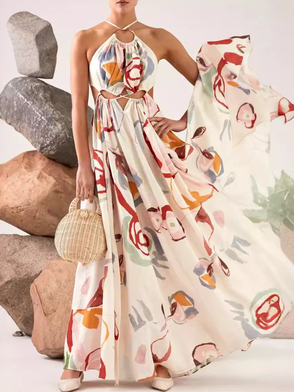 Printed Halter Neck Cut-Out Maxi Dress, image 2
