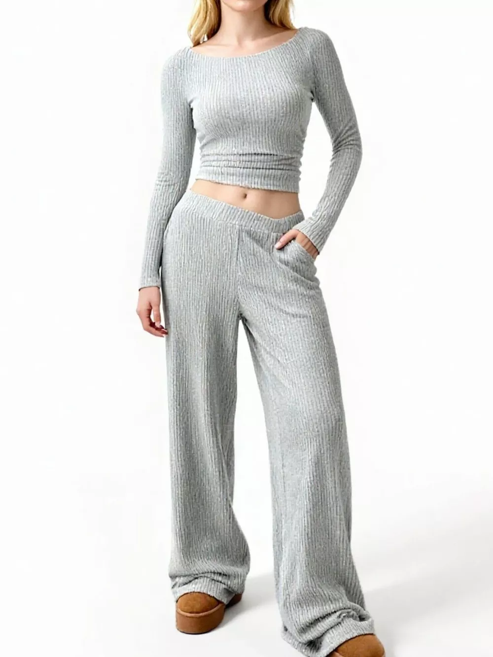 Round Neck Long Sleeve Top and Pants Set