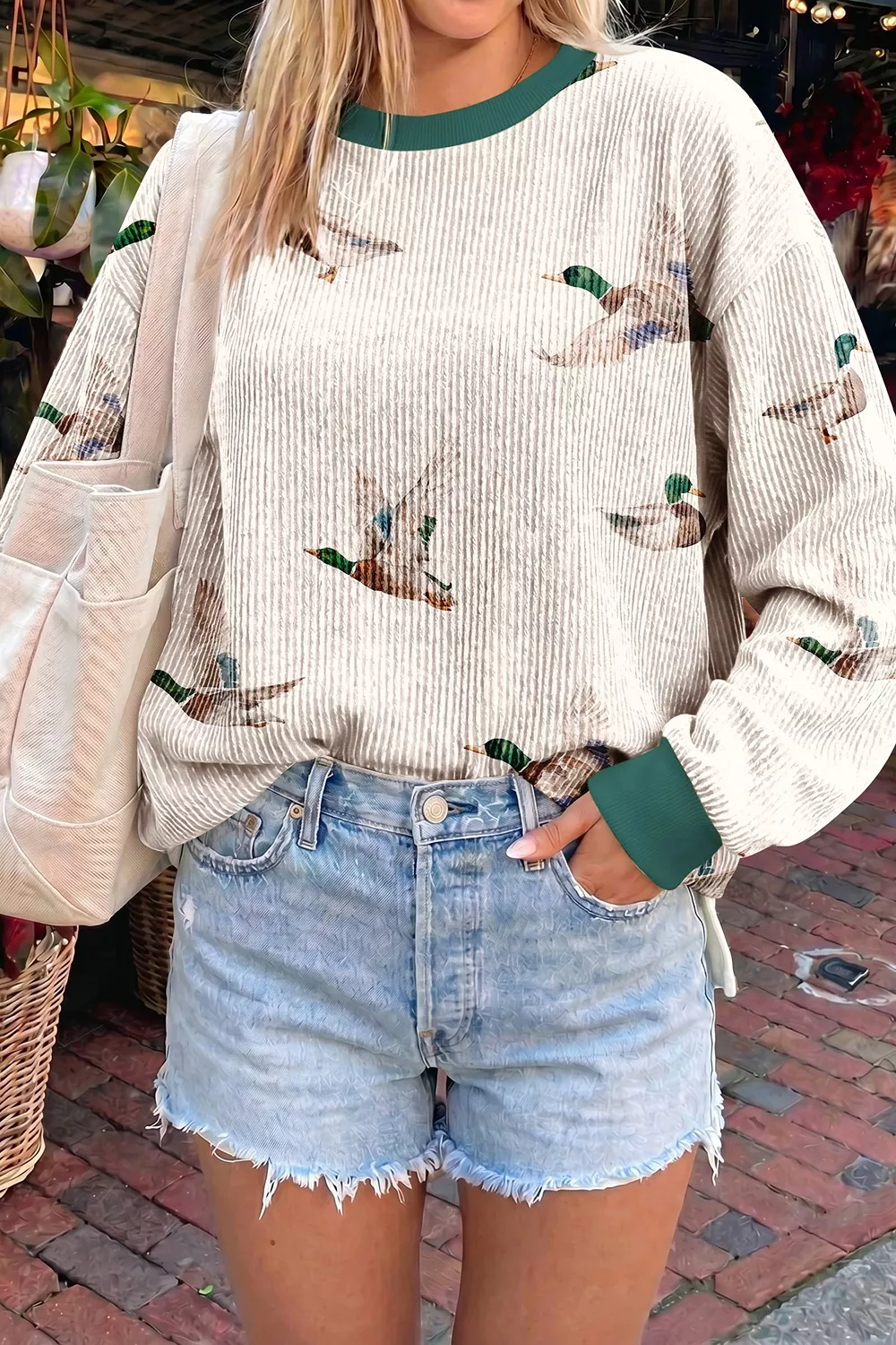 Twisted Ribbed Duck Print Crewneck Casual Pullover Top, image 3