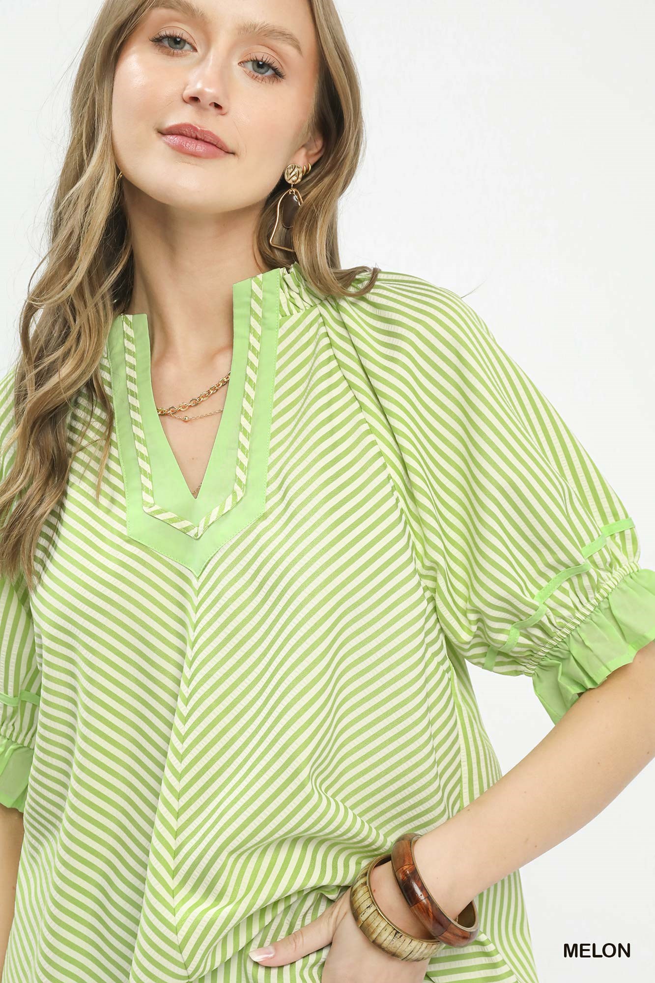 Stripe Ruffle Sleeve Split-Neck Blouse, image 4