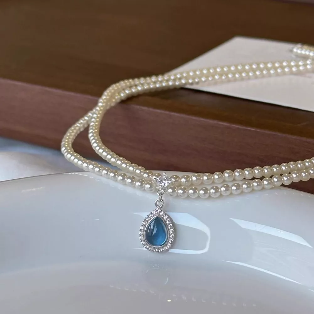 Double Layered Pearl Necklace with Teardrop Pendant, image 6