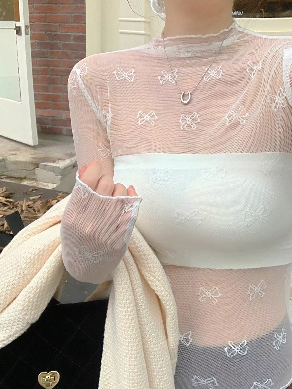 Bow Print Sheer Mesh Top, image 3