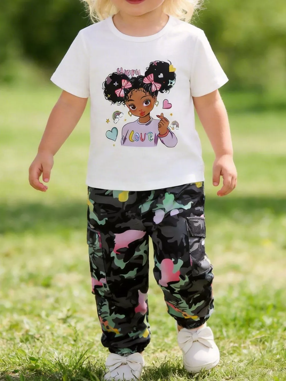 Children's Cartoon Girl T-Shirt & Camo Pants Set