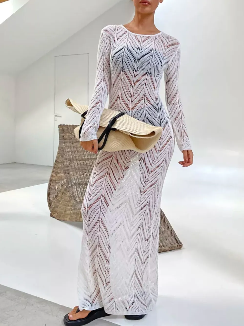 Openwork Long Sleeve Knit Cover Up Dress, image 15