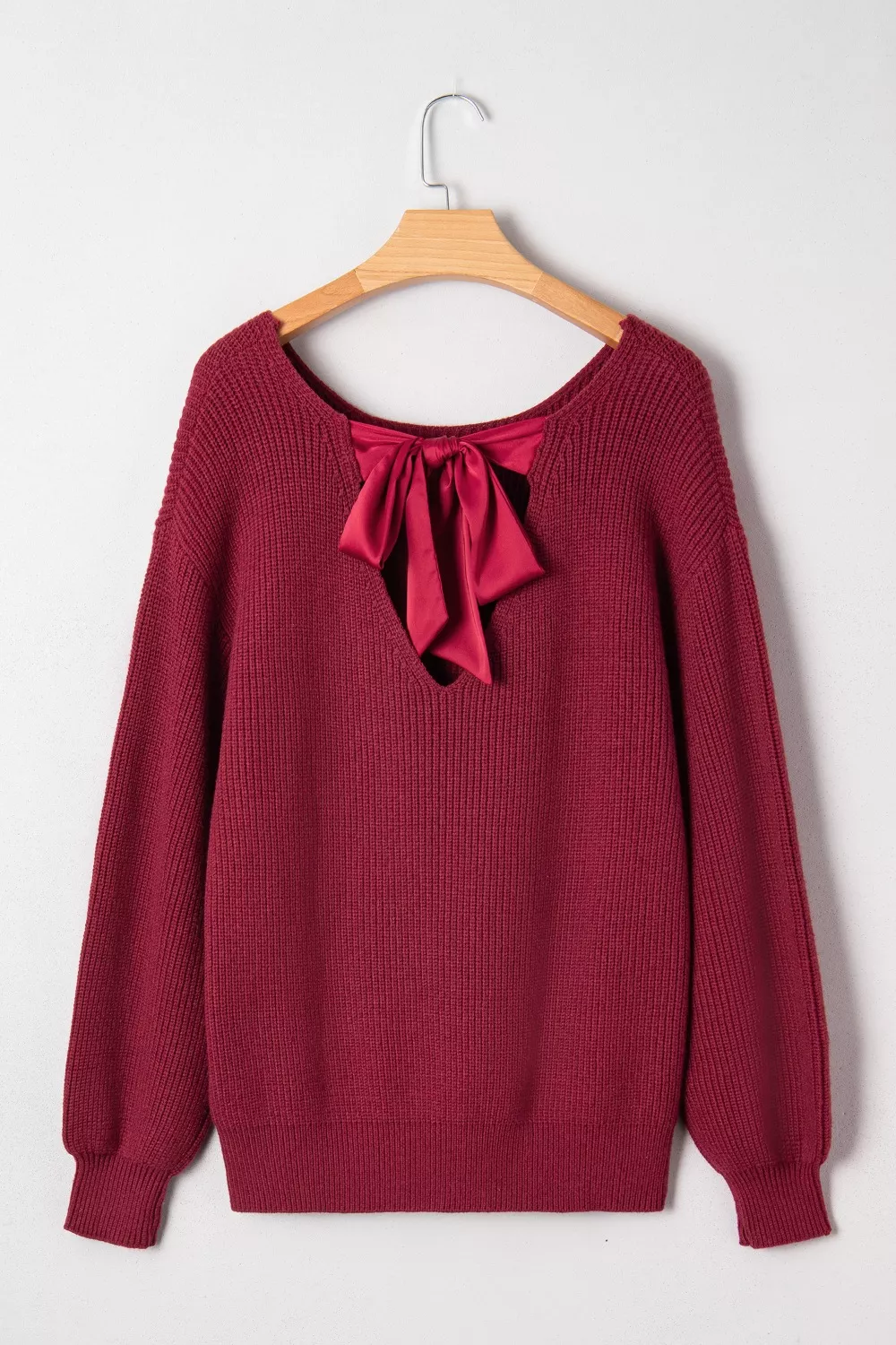 Ribbed Knit Ribbon Knot Backless Drop Shoulder Sweater, image 6