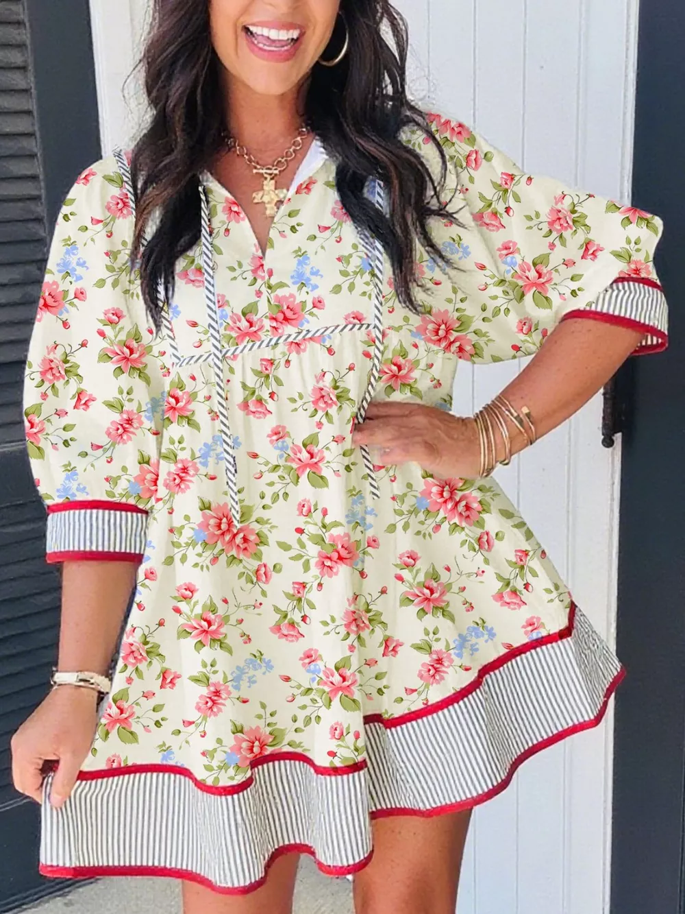 Striped Edge 3/4 Puff Sleeve Floral Dress, image 2