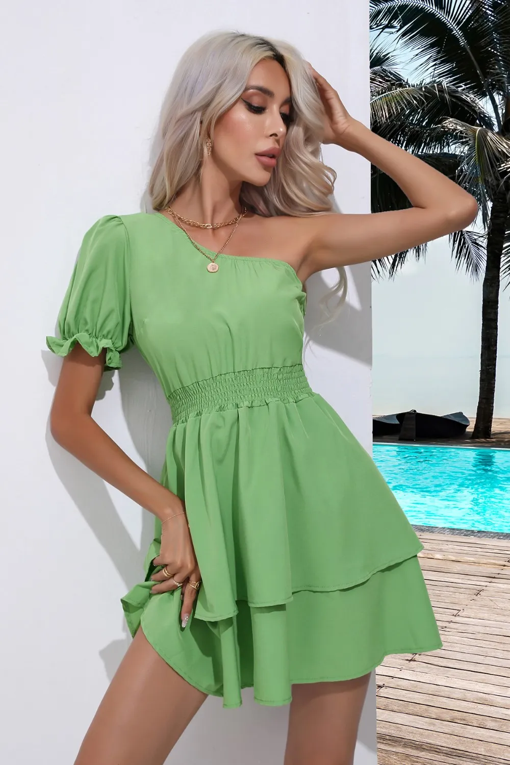 Layered Single Shoulder Flounce Sleeve Mini Dress, image 4