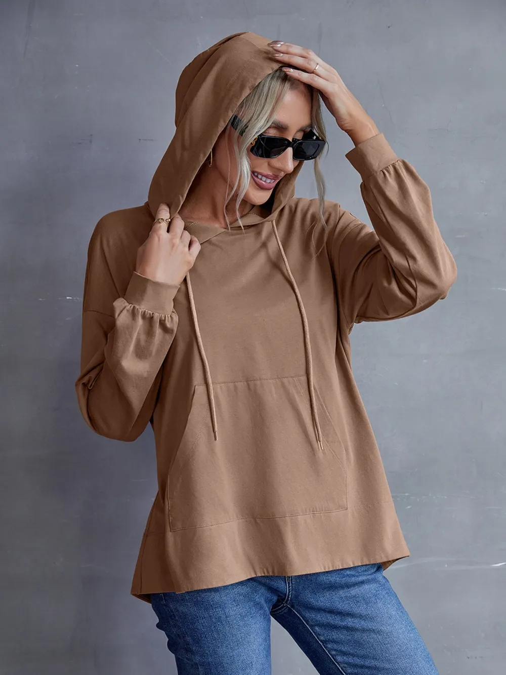 Drawstring Pocketed Dropped Shoulder Hoodie, image 8