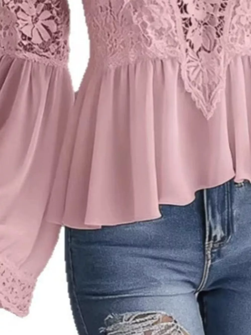Lace V-Neck Long Sleeve Blouse with Peplum Hem, image 4