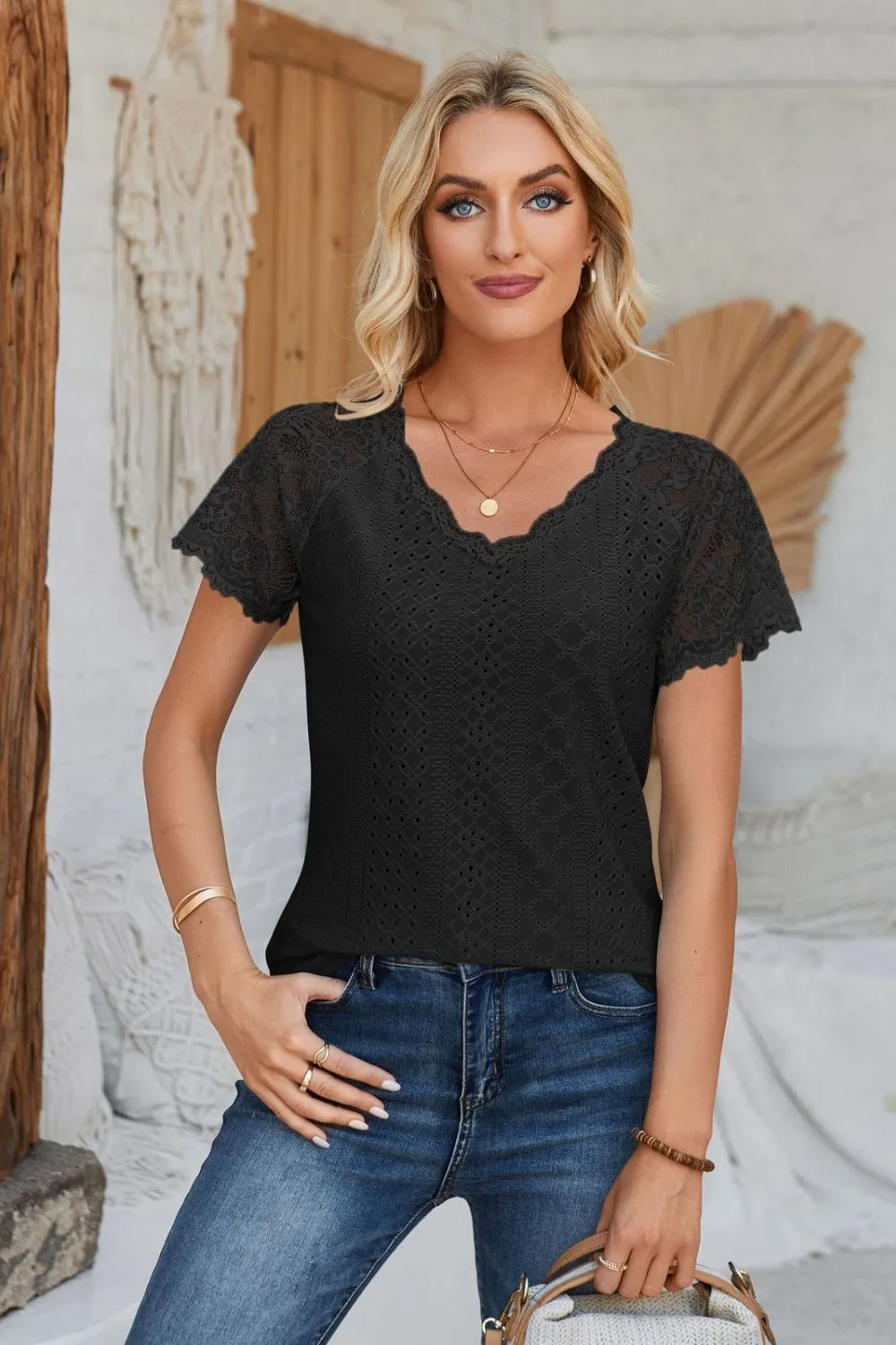 Eyelet V-Neck Lace Short Sleeve T-Shirt, image 22