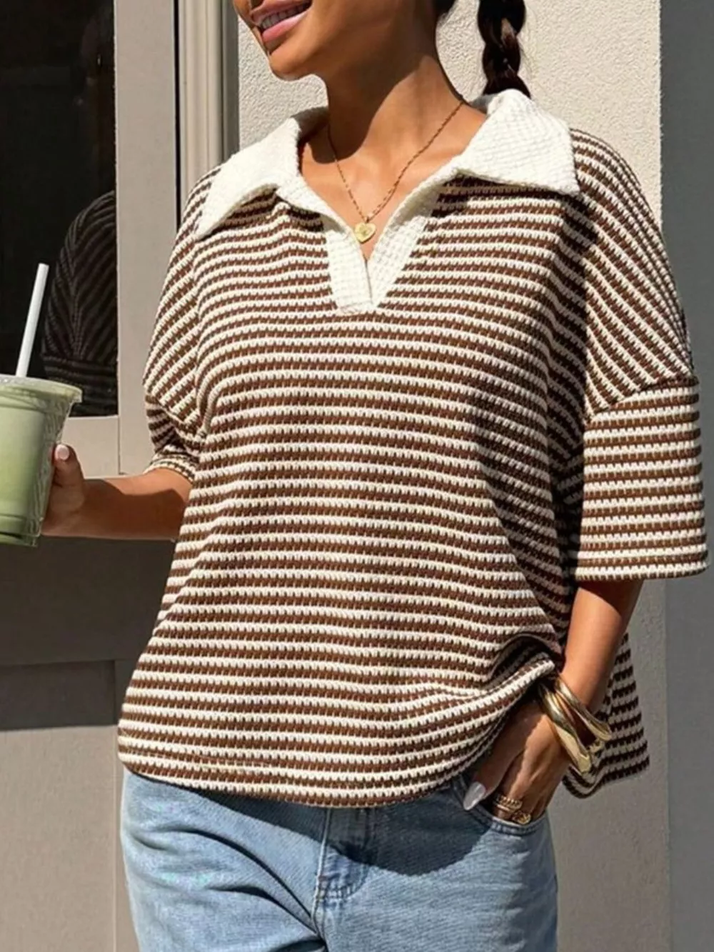 Striped Knit 3/4 Sleeve Polo Top