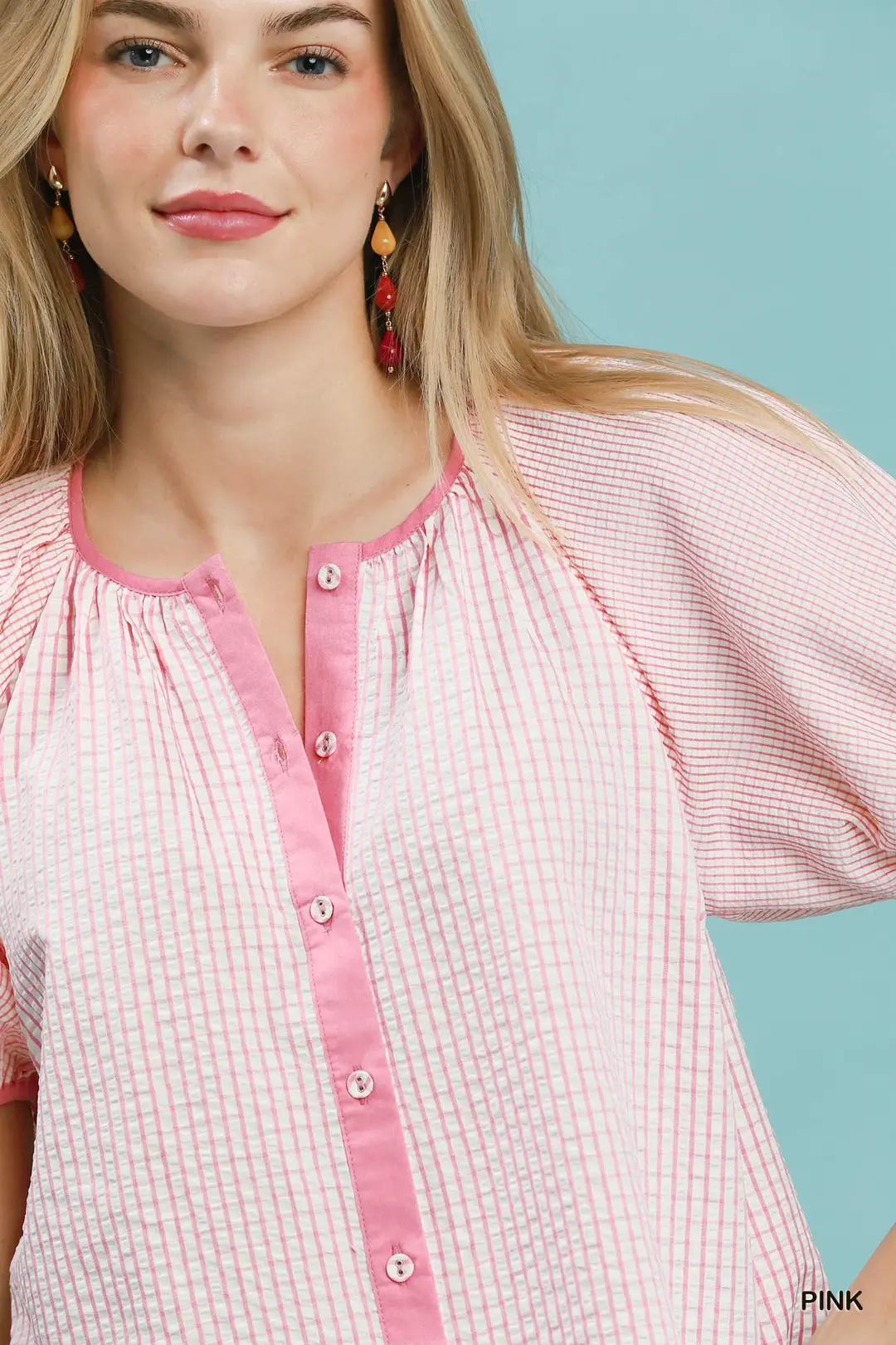 Checker Puff Sleeve Button Front Blouse, image 4
