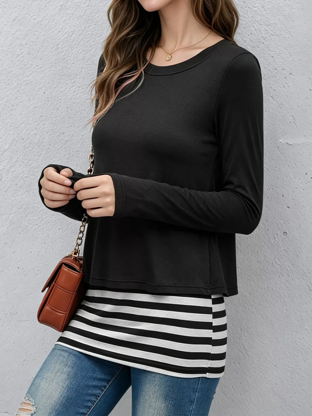 Layered Crew Neck Long Sleeve Striped T-Shirt, image 12