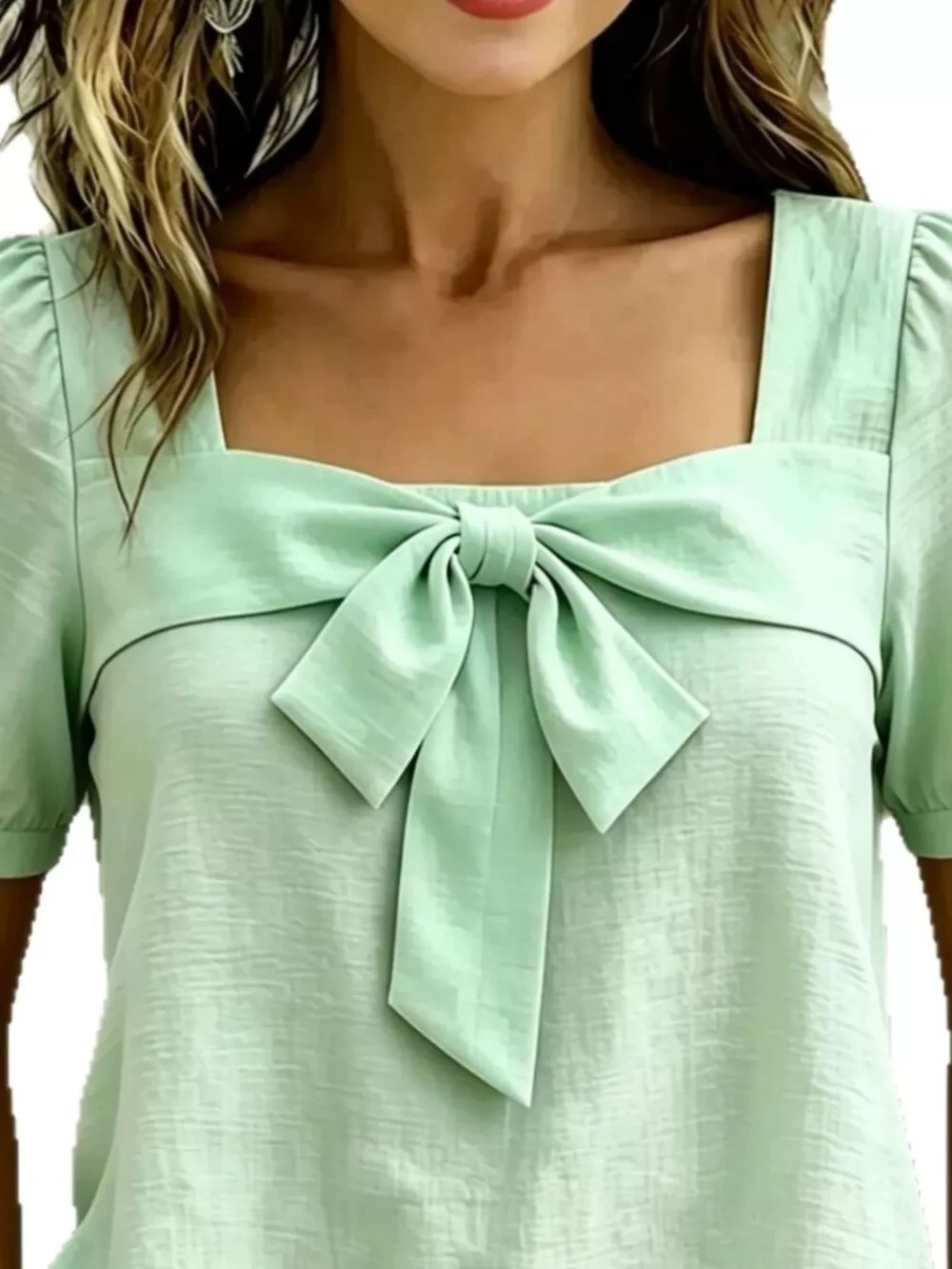 Bow Tie Square Neck Puff Sleeve Blouse, image 4