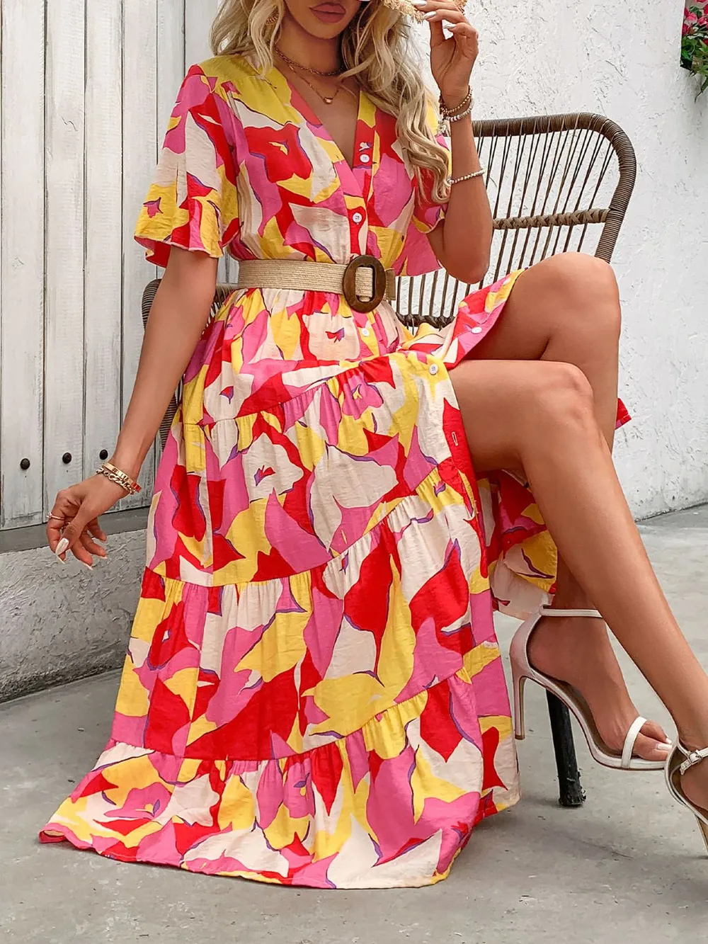 Printed V-Neck Flutter Sleeve Midi Dress, image 4