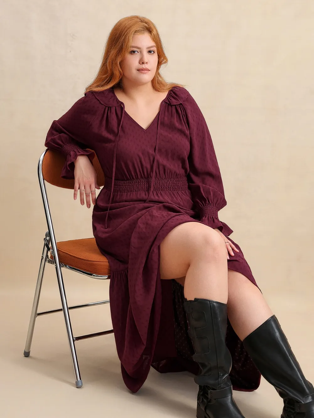 Plus Size Swiss Dot Tie Neck Flounce Sleeve Maxi Dress, image 6