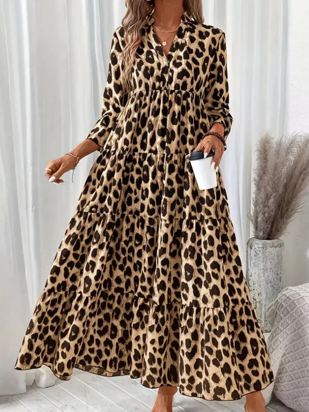 Leopard 3/4 Sleeve Midi Dress