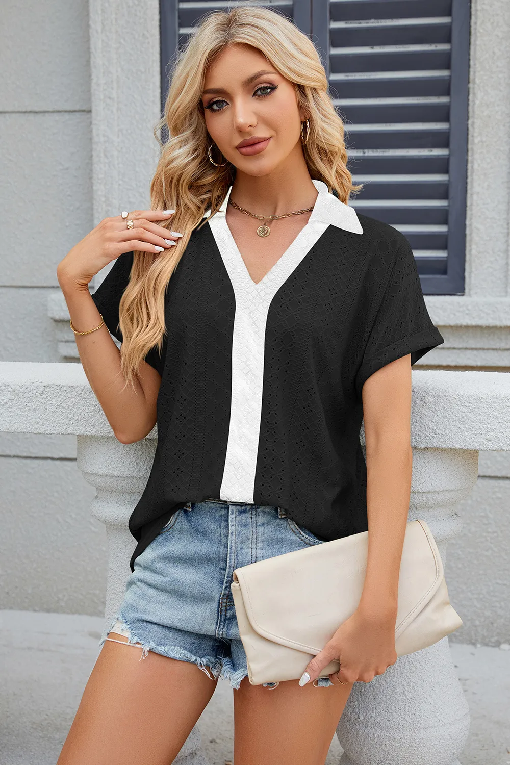 Eyelet Johnny Collar Short Sleeve T-Shirt, image 18