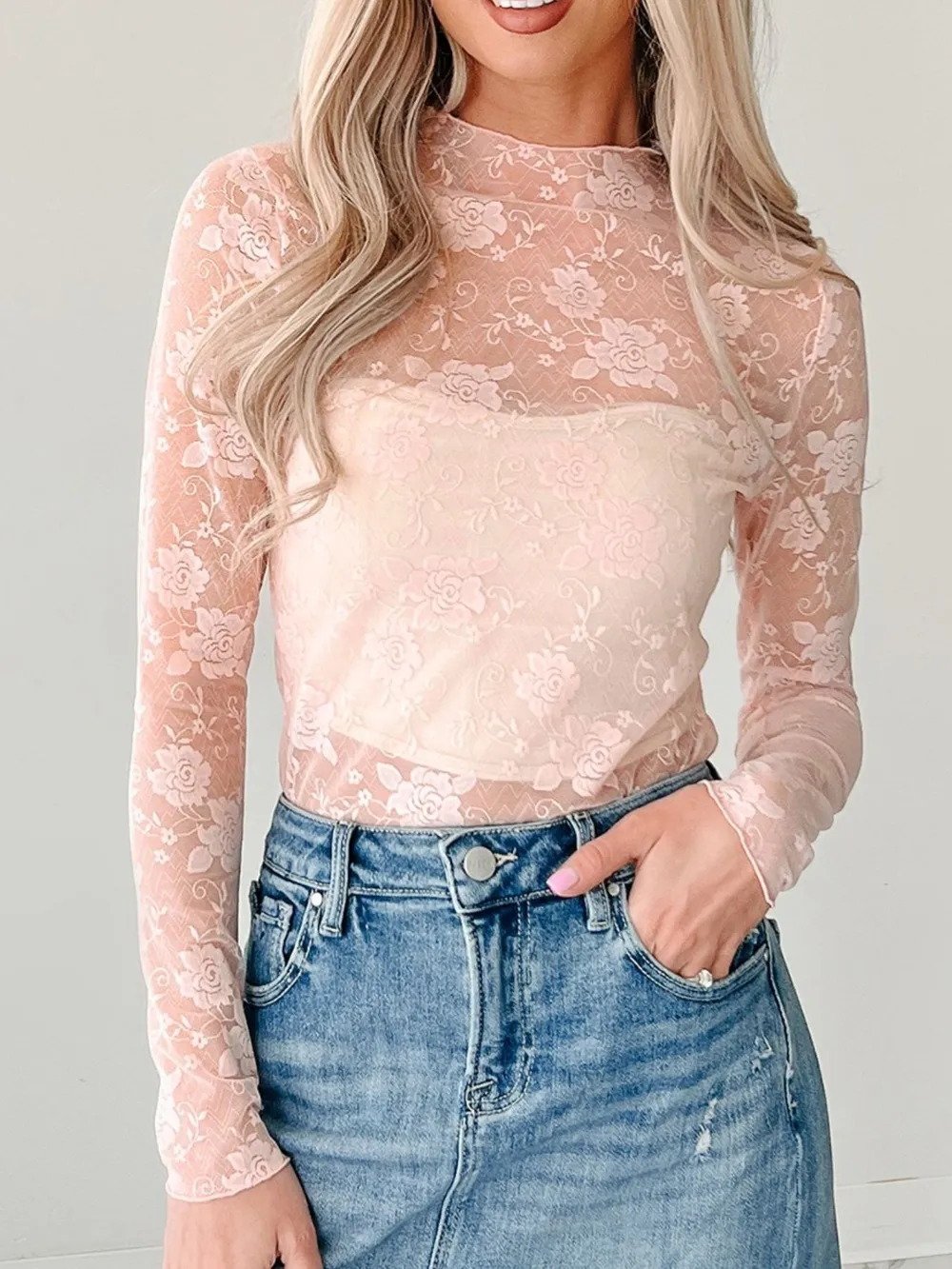 Lace Mock Neck Long Sleeve Blouse, image 11