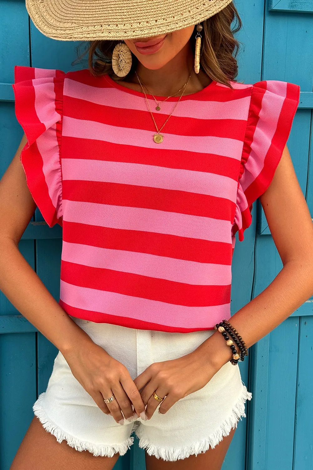 Striped Ruffle Sleeve Summer T-Shirt, image 8