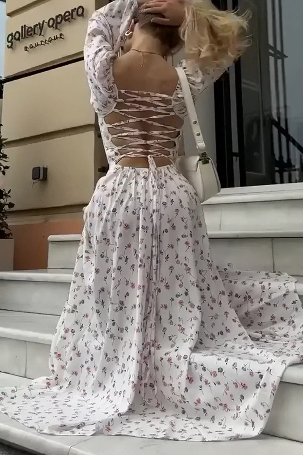 Floral Print Lace Up Back Slit Maxi Dress, image 3