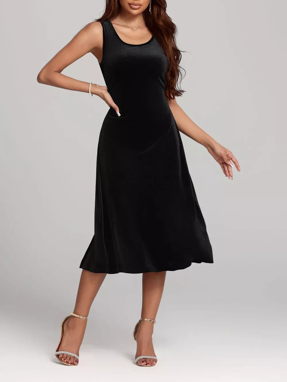 Round Neck Sleeveless Velvet A-Line Midi Dress, image 4