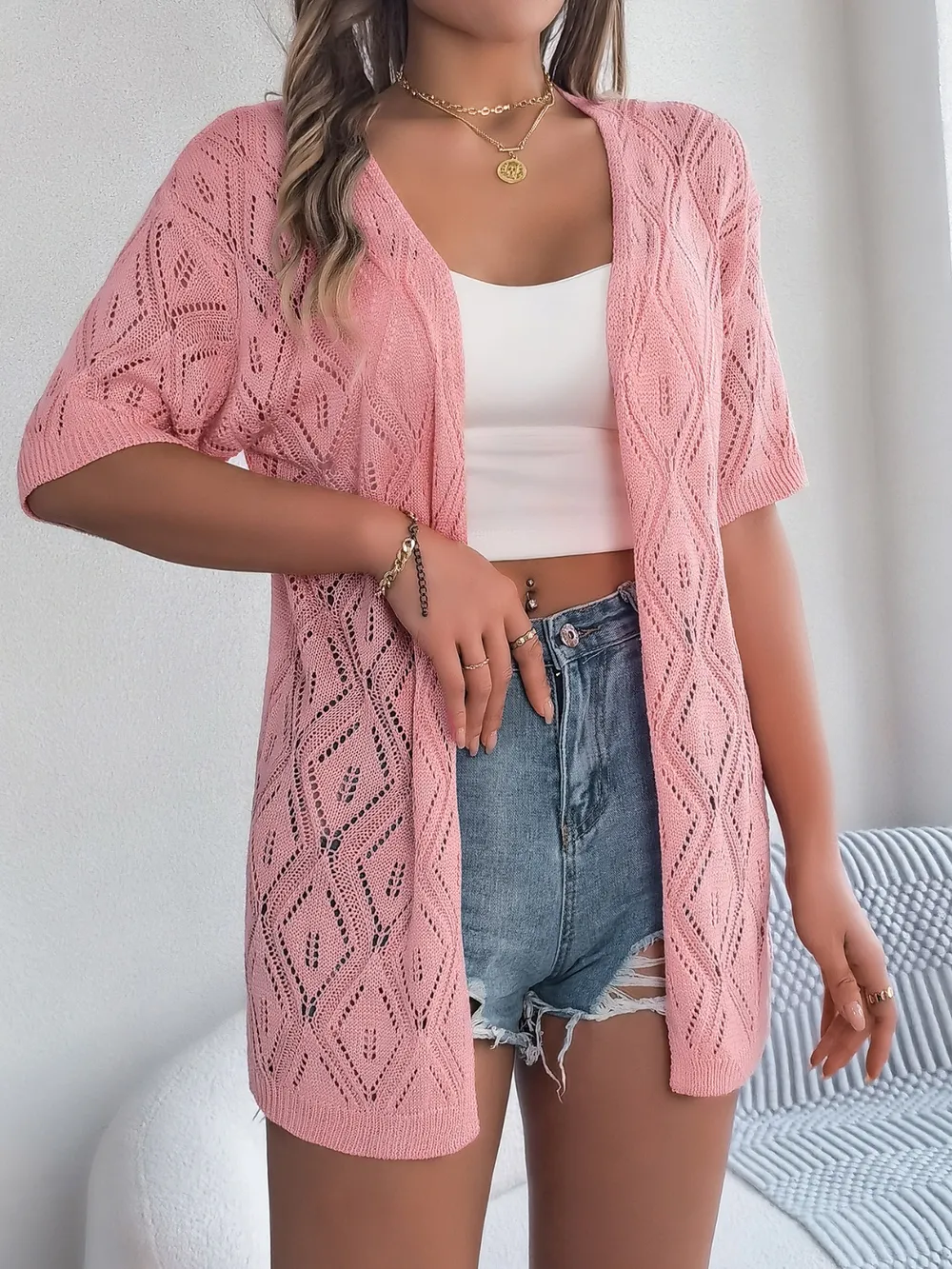 Openwork Open Front Half Sleeve Cardigan, image 12