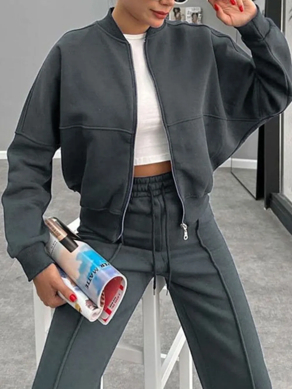 Baseball Collar Zip Up Outerwear and Drawstring Pants Set, image 19