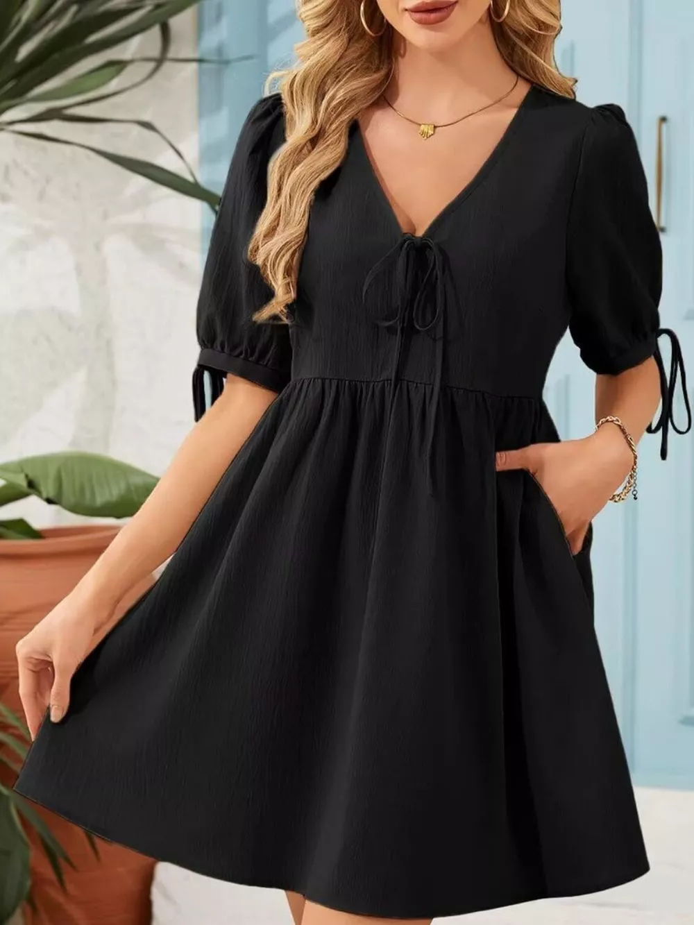 Tie-Neck Puff Sleeve A-Line Mini Dress, image 5