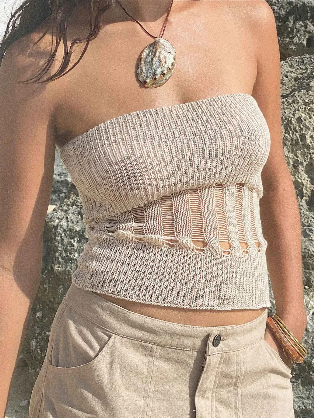 Openwork Knit Tube Top, image 2