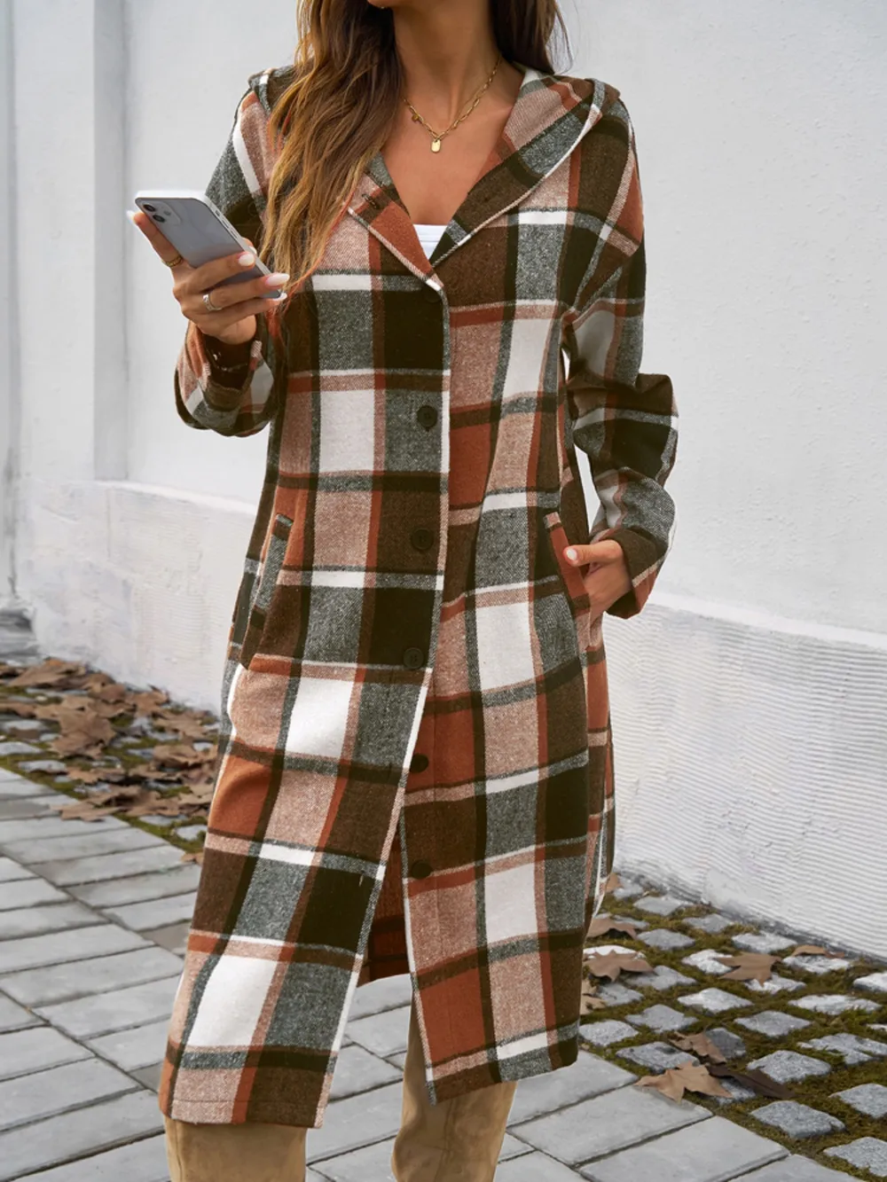 Plaid Long Sleeve Hooded Coat, image 7