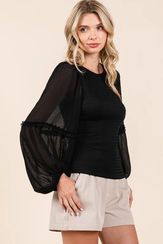 Mixed Media Textured Knit Chiffon Long Sleeve Top, image 3