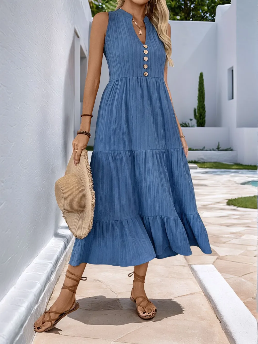 Decorative Button Notched Sleeveless Tiered Dress, image 6