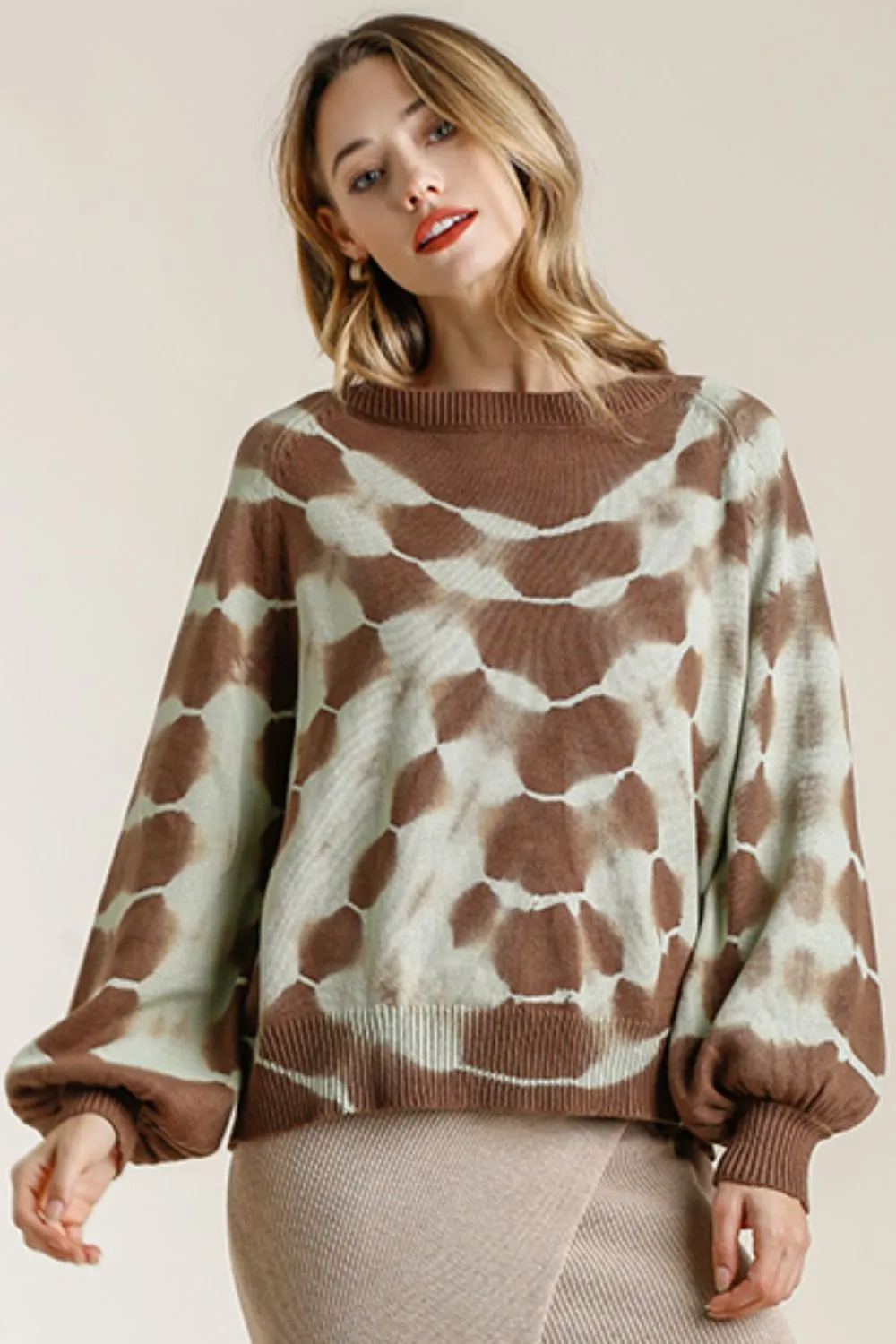 Full Size Ribbed Hem Tie Dye Round Neck Sweater Plus Size, image 5