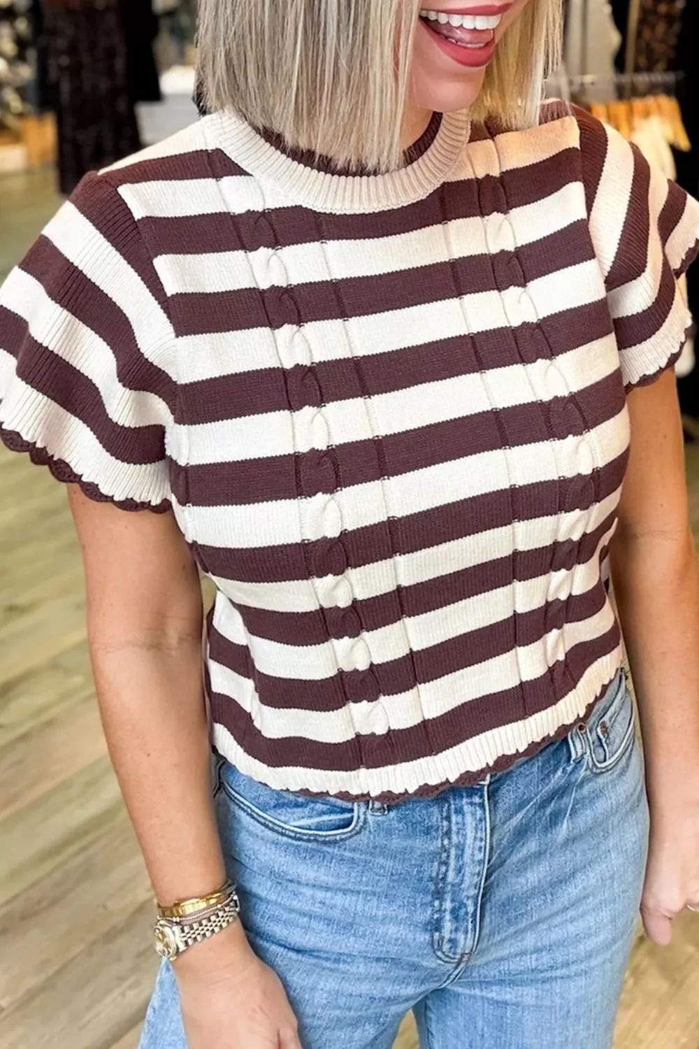 Stripe Ribbed Knit Cable Detail Short Sleeve Sweater, image 3