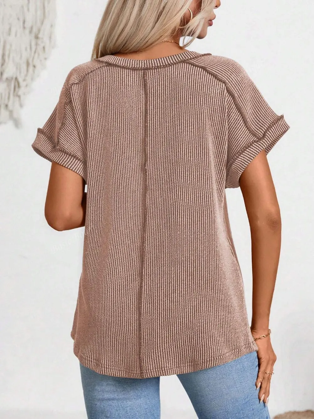 Exposed Seam V-Neck Short Sleeve Top, image 10
