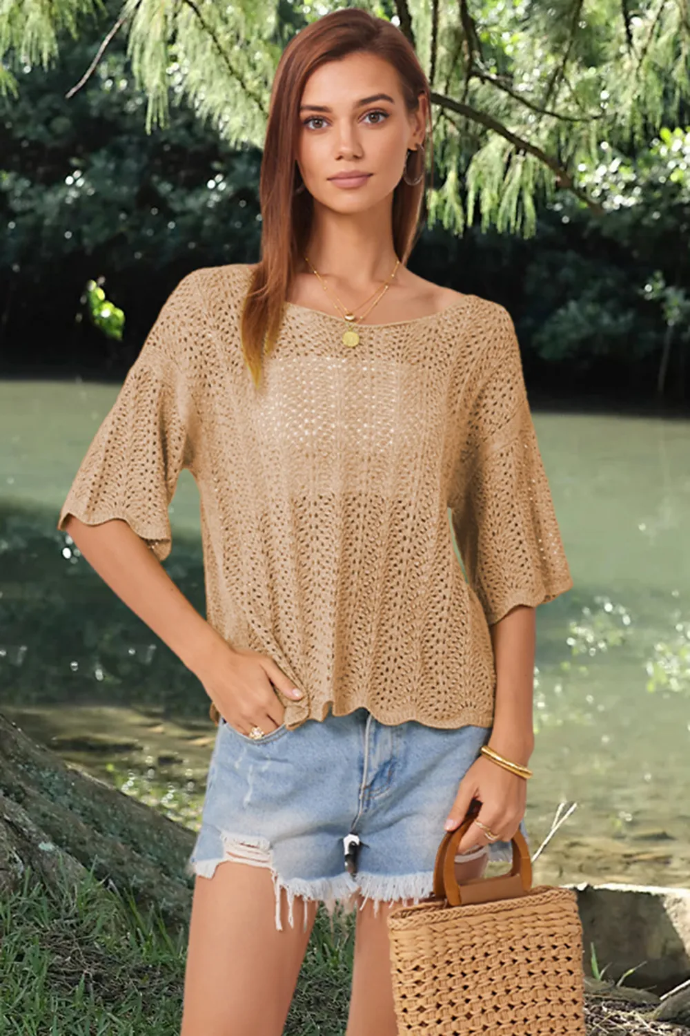 Openwork Round Neck Half Sleeve Knit Top, image 2