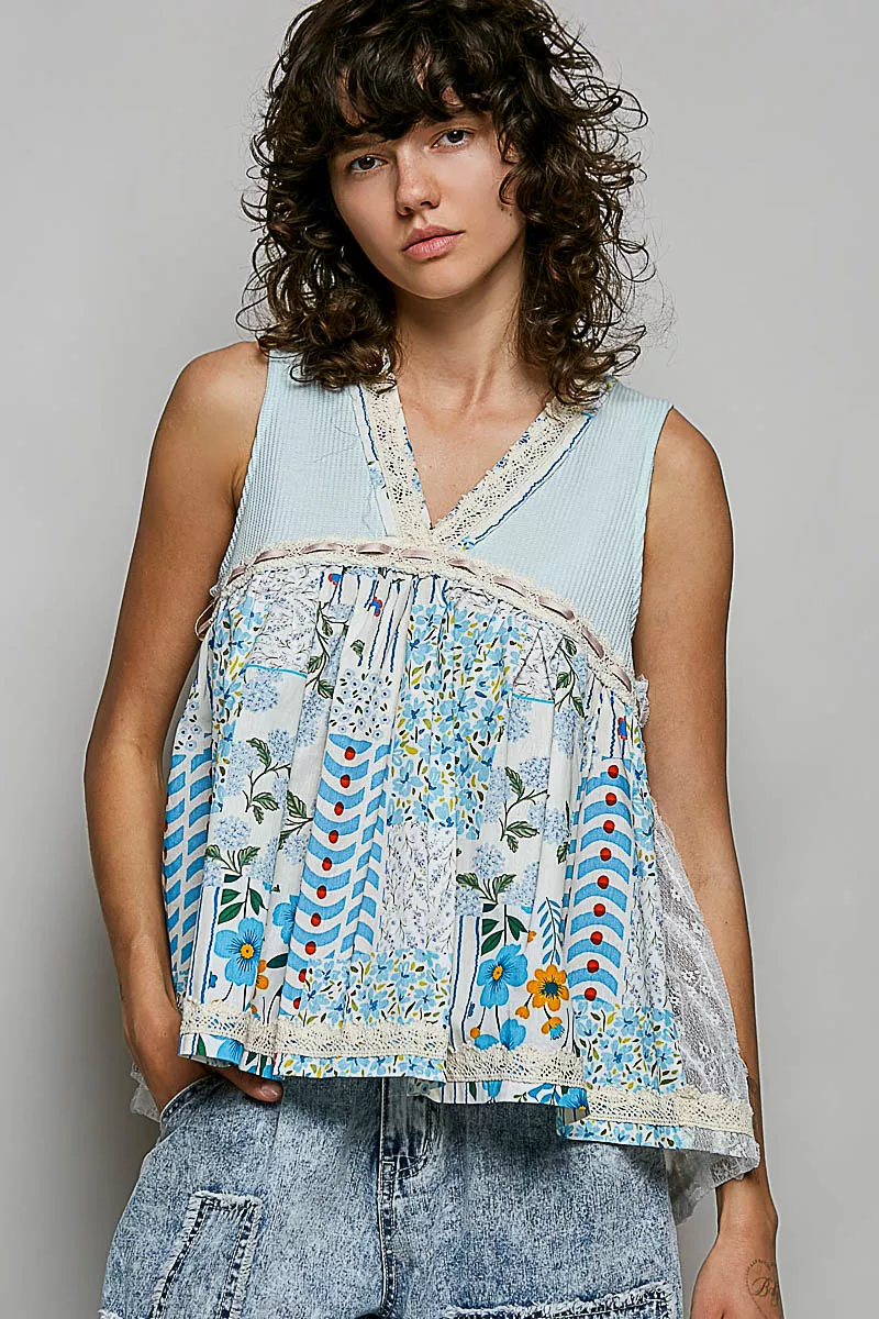 Floral V-Neck Sheer Tank with Lace Trim