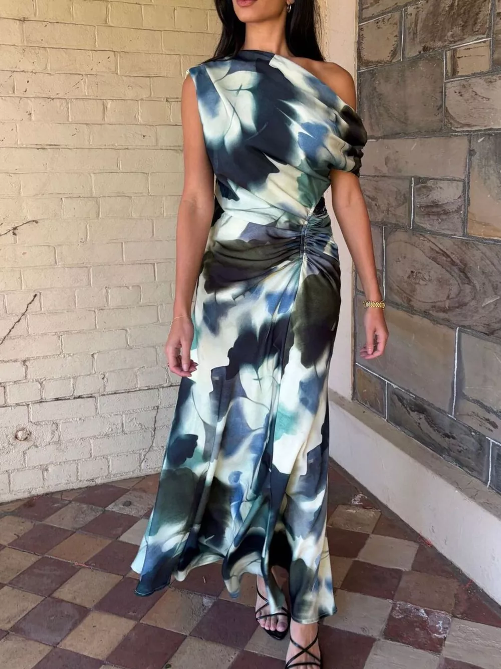 One-Shoulder Floral Print Maxi Dress, image 3