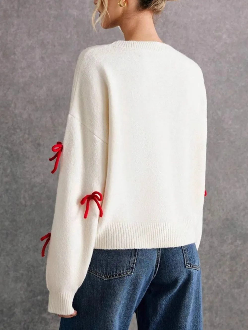 Bow Contrast Round Neck Long Sleeve Sweater, image 2