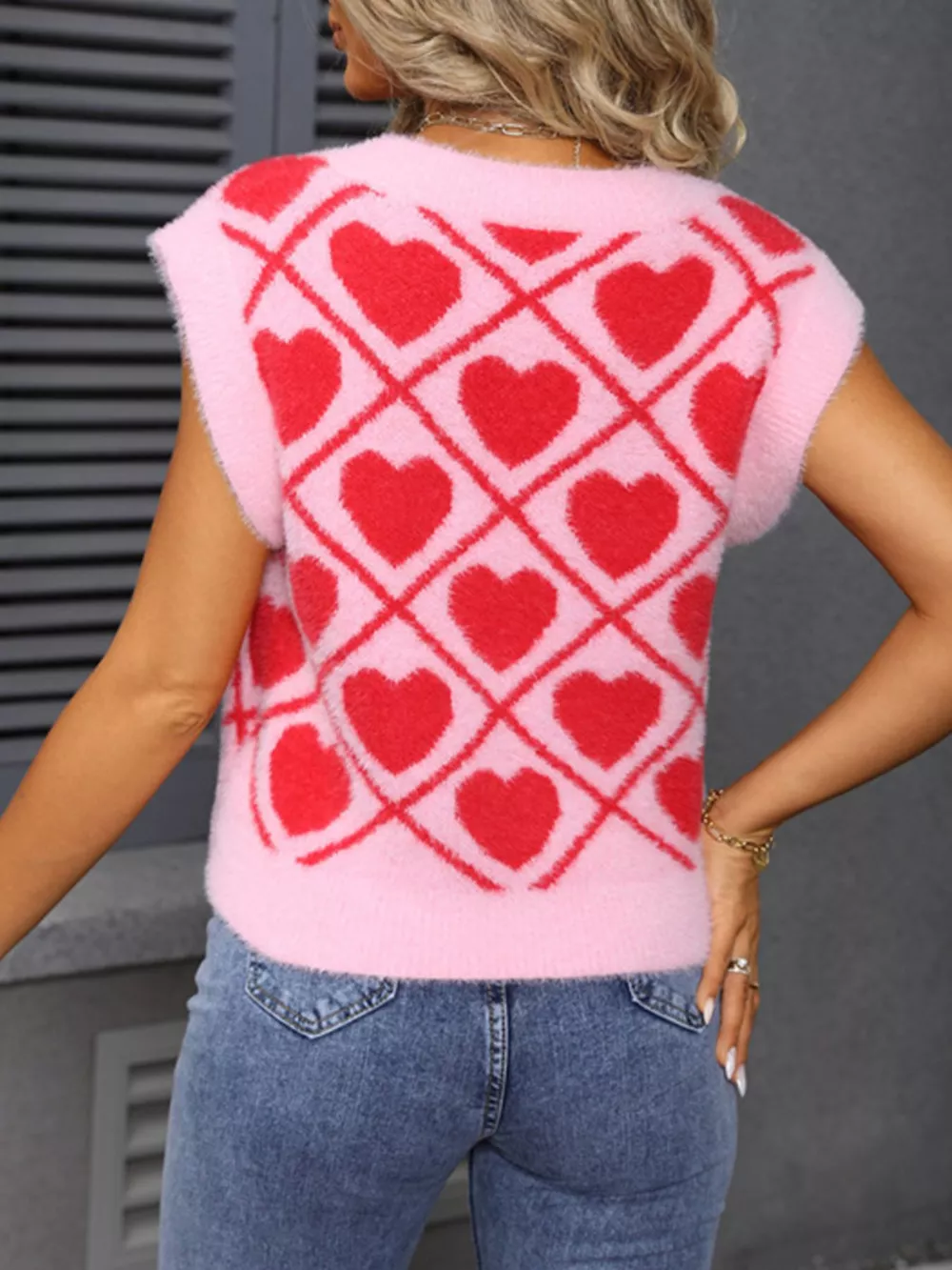Valentine's Day Fluffy Heart Pattern V-Neck Sweater Vest, image 6