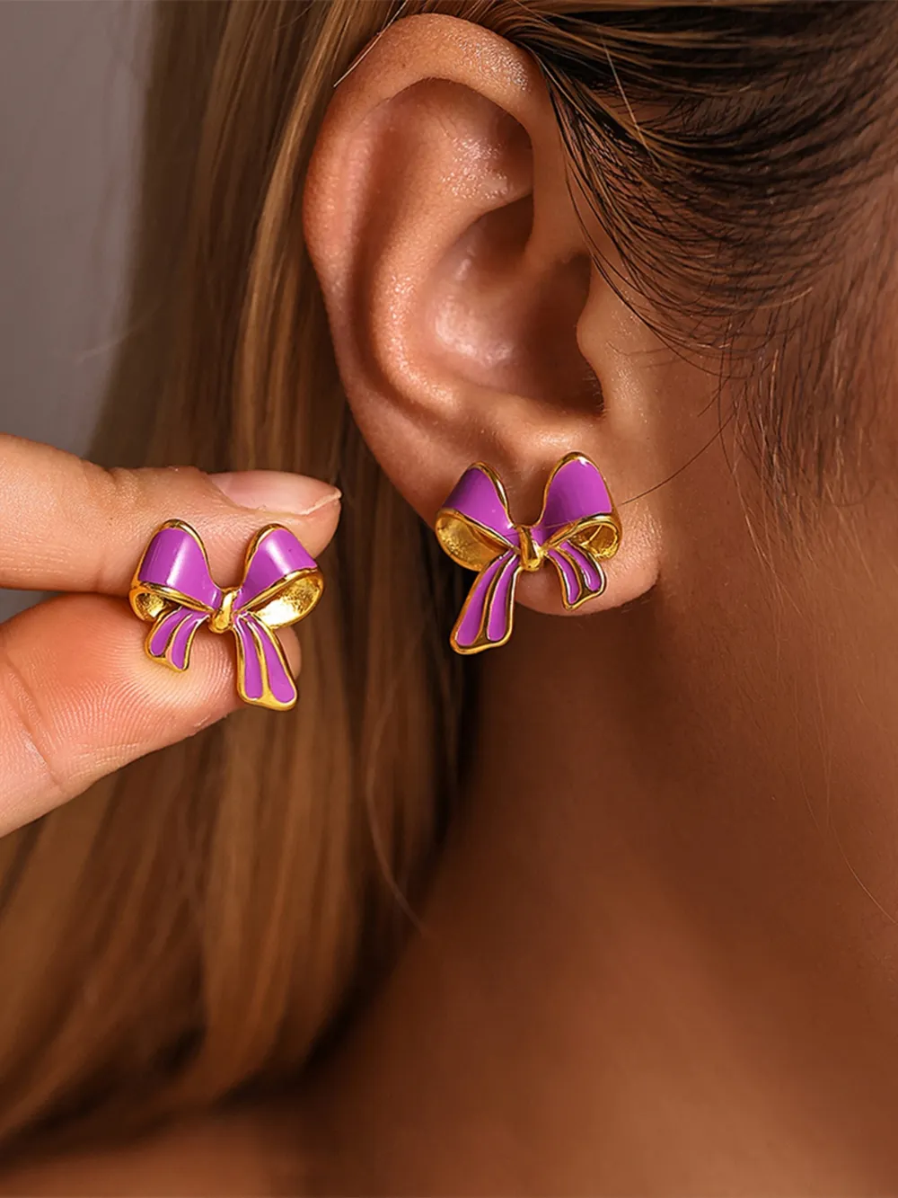 Stainless Steel Oil Drip Bow Stud Earrings, image 3