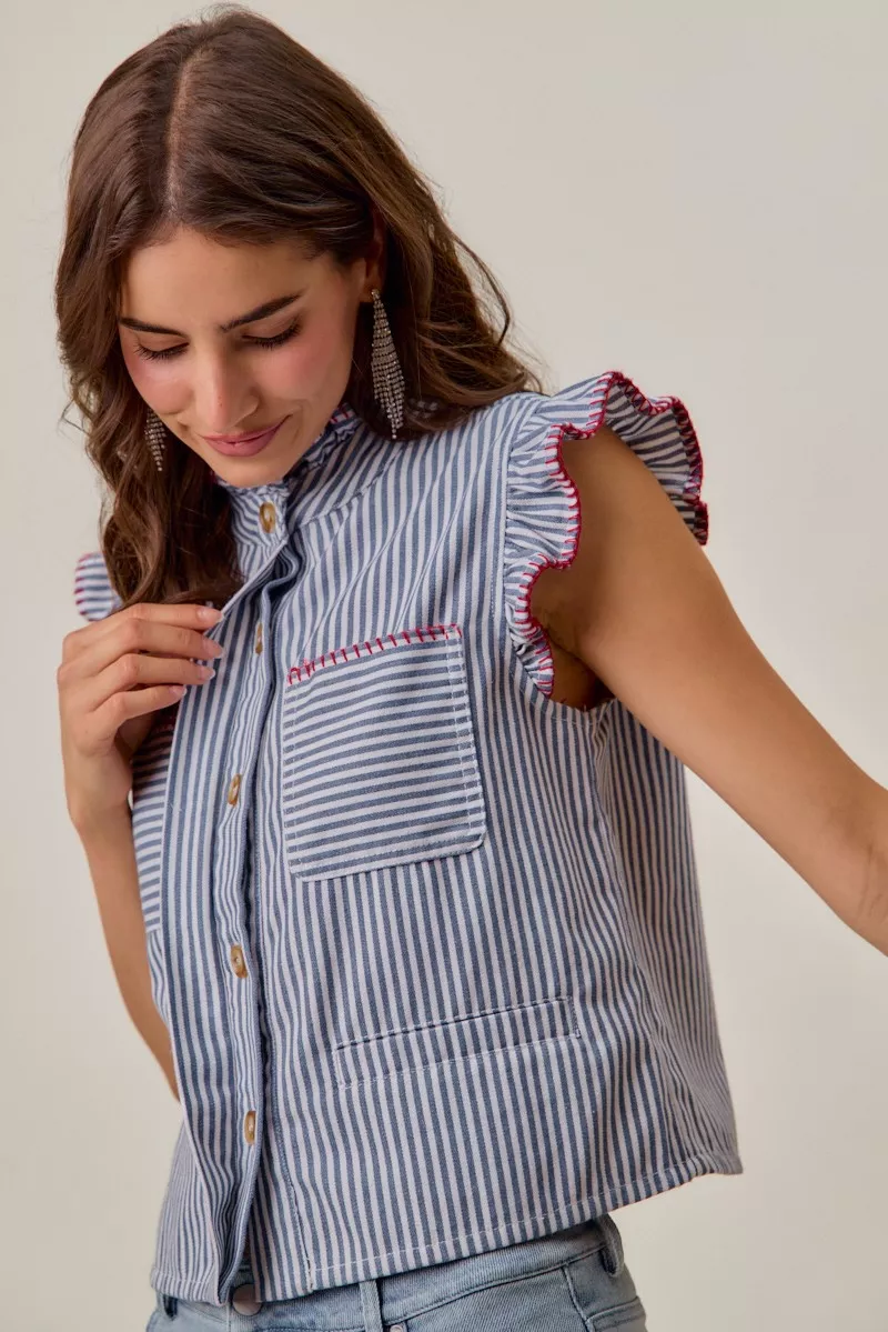 Stripe Twill Stitch Ruffled Hidden Button Vest Top, image 10