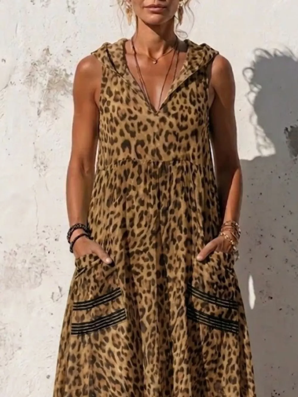 Full Size Sleeveless Hooded Leopard Print Maxi Dress with Pockets Plus Size, image 6