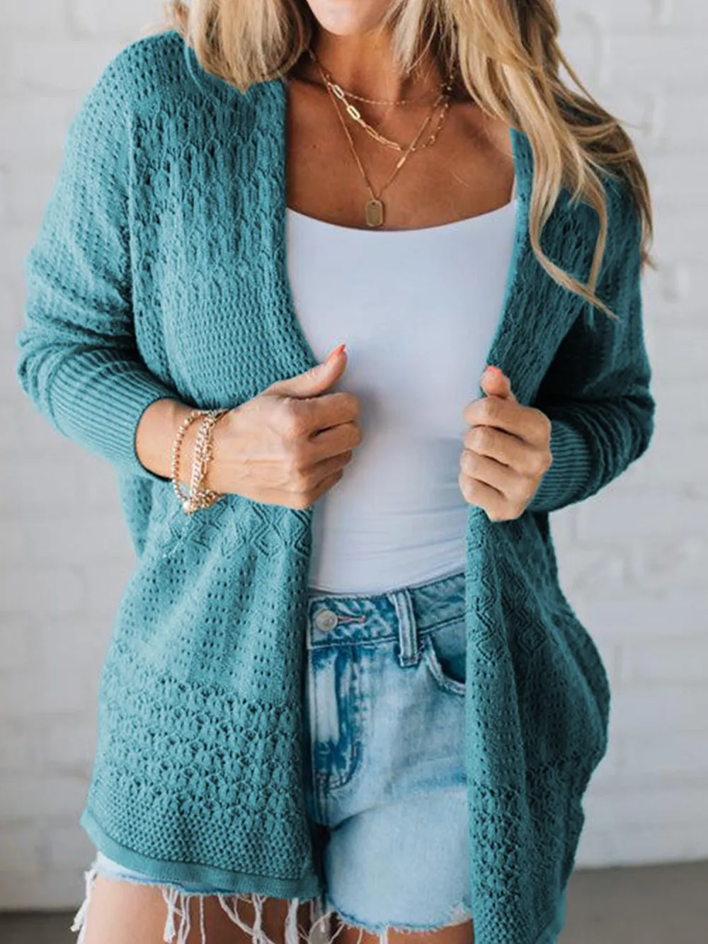 Open Front Knitted Cardigan with Eyelet Details, image 4